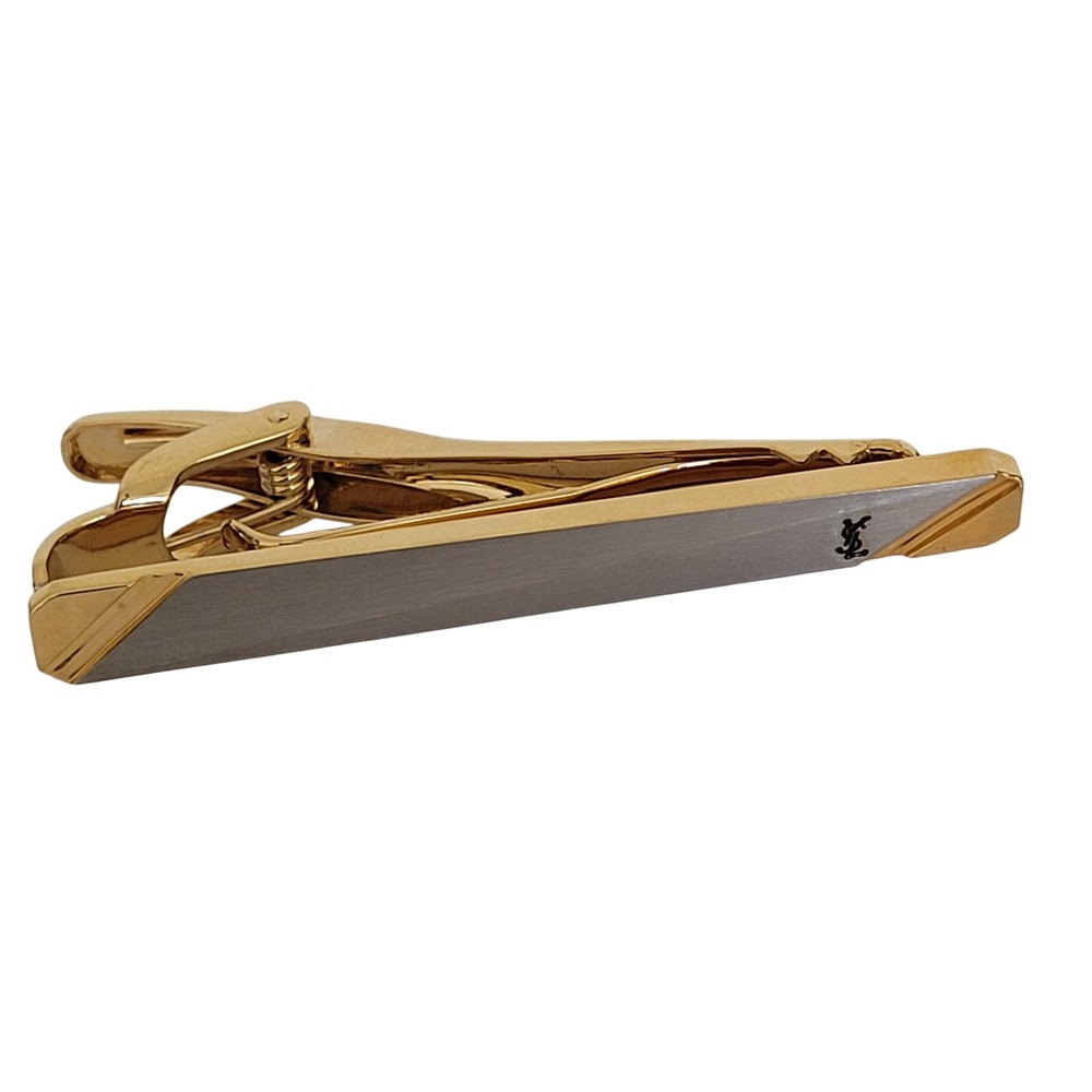 Yves Saint Laurent Vintage Tie Clip Two Tone Gold Silver Logo Men Accessory 2"